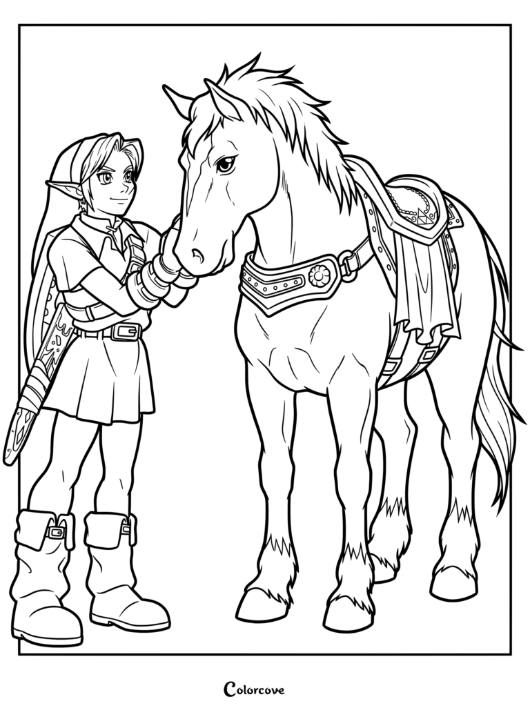 Coloriage de Link debout à côté de son cheval Epona dans The Legend of Zelda Ocarina of Time