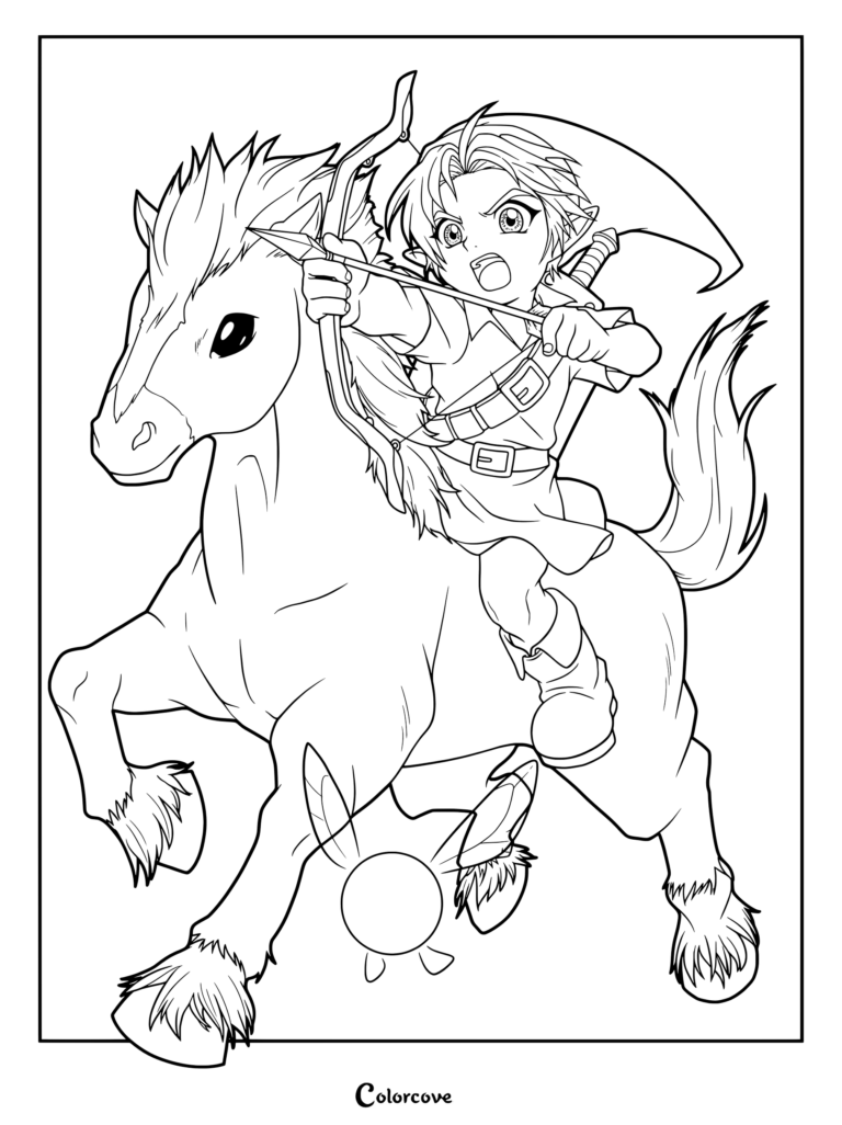 Coloriage gratuit à imprimer de Link enfant chevauchant son cheval Epona et visant avec un arc et une flèche, issu de la série The Legend of Zelda