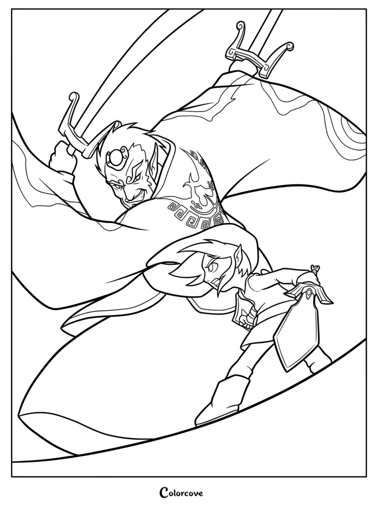 Page de coloriage à imprimer du combat final entre Link et Ganondorf dans The Legend of Zelda The Wind Waker