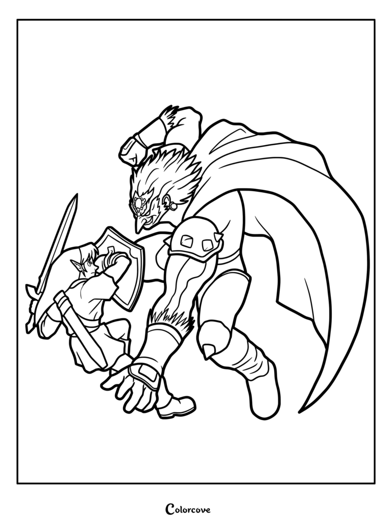 Page de coloriage à imprimer de Link affrontant Ganondorf, issue d'une illustration promotionnelle de The Legend of Zelda Ocarina of Time