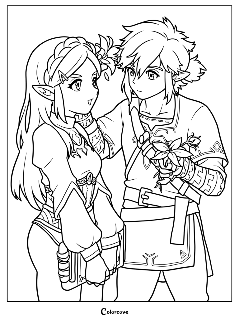 Page de coloriage à imprimer de Link et la Princesse Zelda de The Legend of Zelda Breath of the Wild, montrant Link plaçant une Princesse de la sérénité dans ses cheveux
