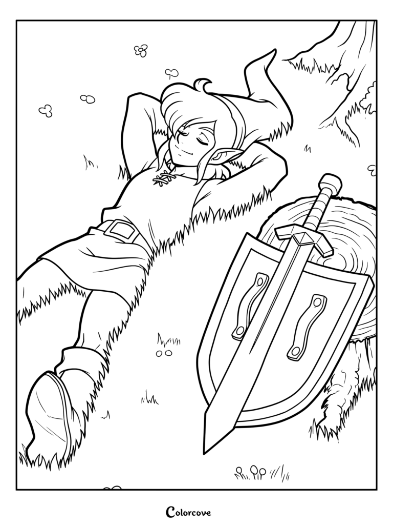 Page de coloriage de Link se reposant dans l'herbe du jeu Super Nintendo The Legend of Zelda A Link to the Past