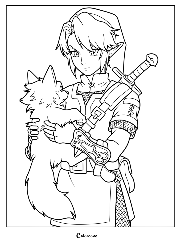 Page de coloriage à imprimer de Link de The Legend of Zelda Twilight Princess tenant une adorable version chiot de Link Loup