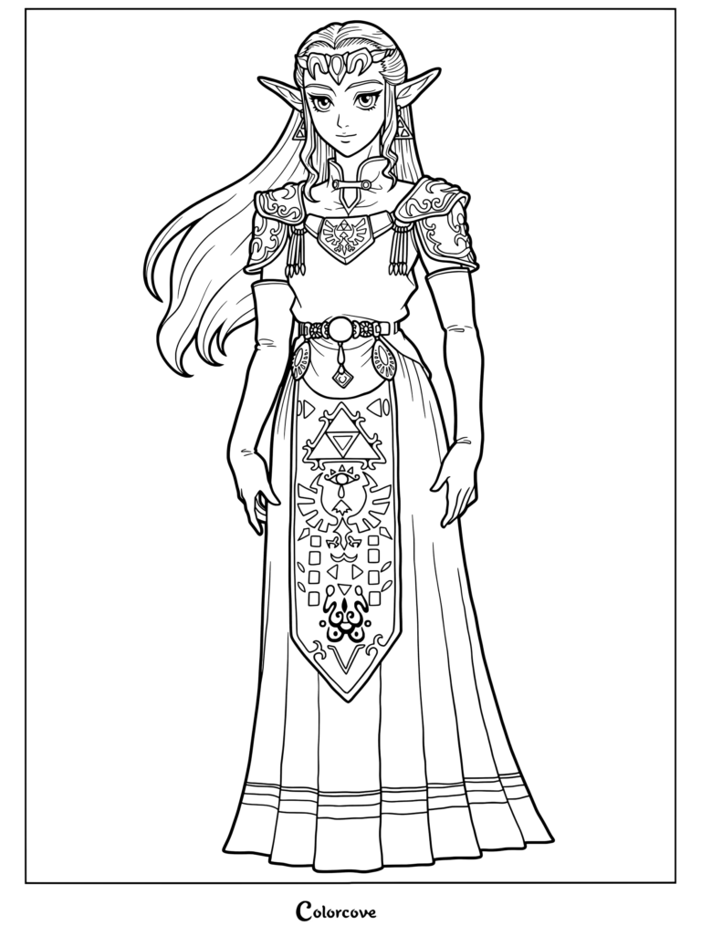 Page de coloriage de la Princesse Zelda adulte de The Legend of Zelda Ocarina of Time