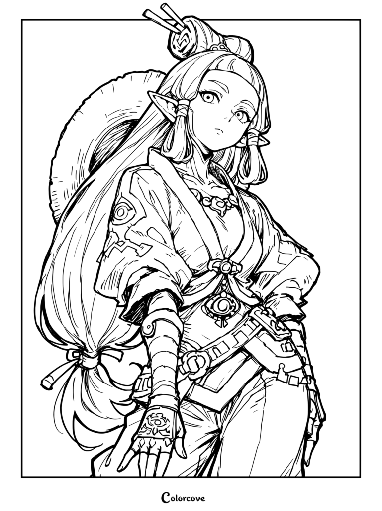 Coloriage à imprimer présentant une version plus jeune d'Impa du jeu vidéo Hyrule Warriors L'Ère du Fléau dans sa tenue traditionnelle de The Legend of Zelda