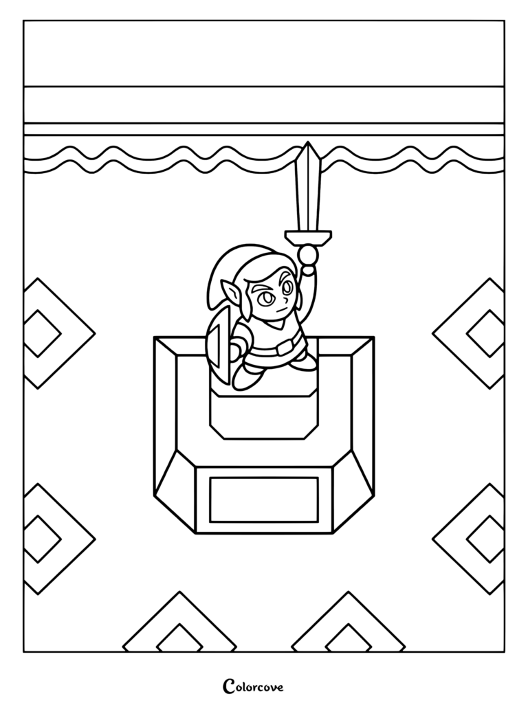 Coloriage de Link retirant l'Épée de légende de son socle dans les Bois Perdus dans The Legend of Zelda A Link to the Past