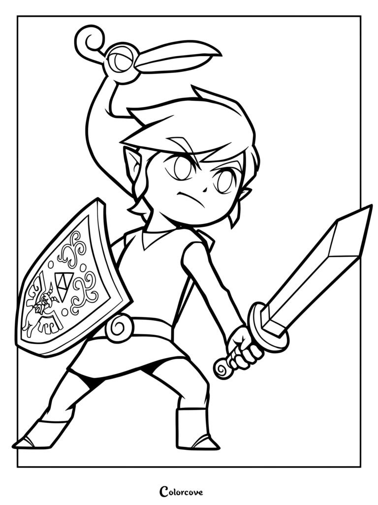 Page de coloriage de Link tenant une épée et un bouclier dans The Minish Cap