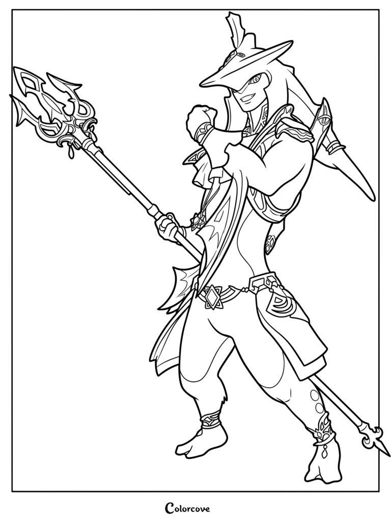 Prince Sidon tenant un trident dans un dessin détaillé pour un coloriage The Legend of Zelda