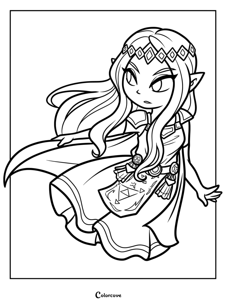 Coloriage de la Princesse Hilda de The Legend of Zelda A Link Between Worlds la montrant portant un diadème joyauté et une cape