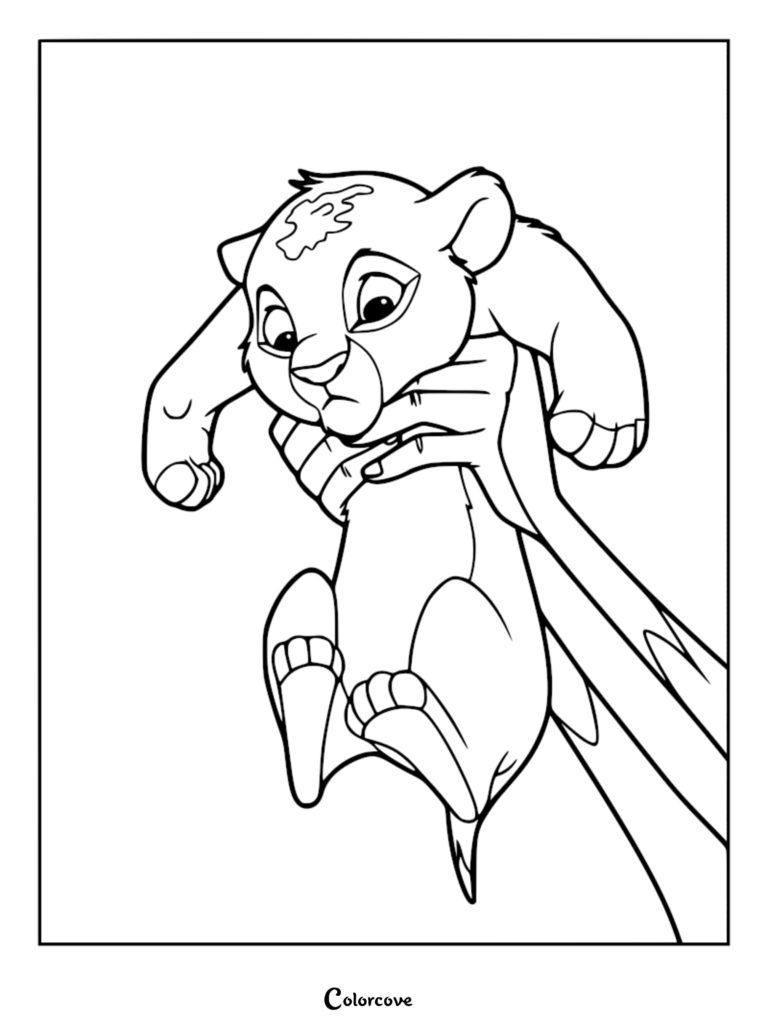 Rafiki holds baby Simba high above Pride Rock in this printable coloring page.