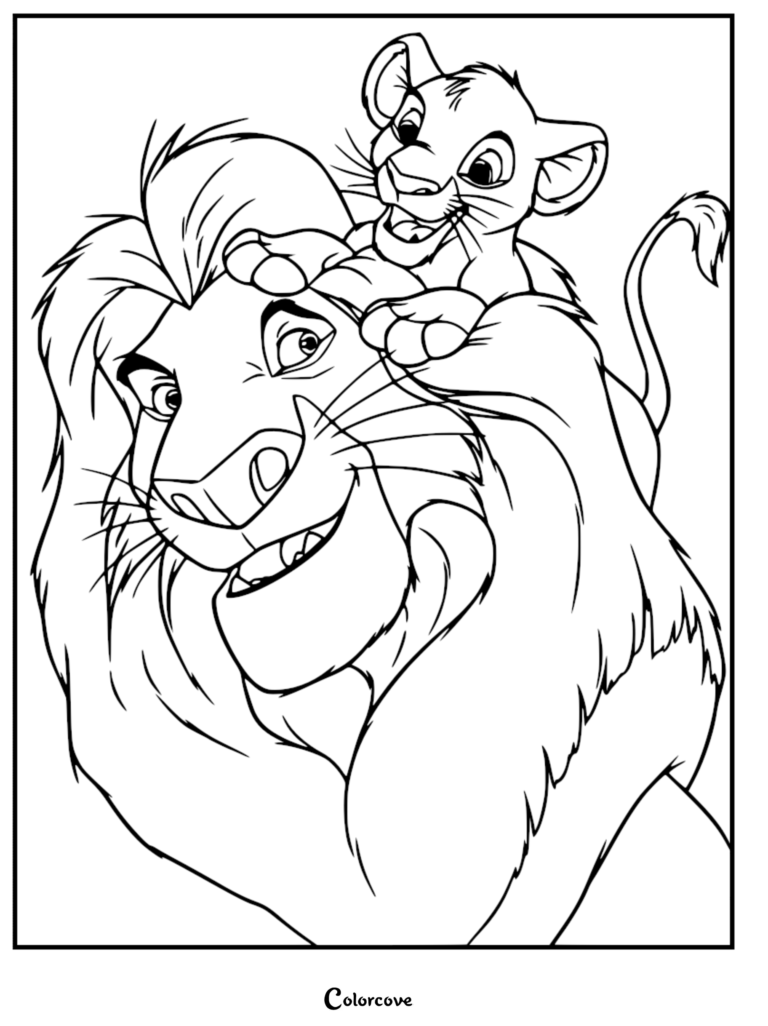 Simba sitting on Mufasa's head in this detailed Lion King coloring page