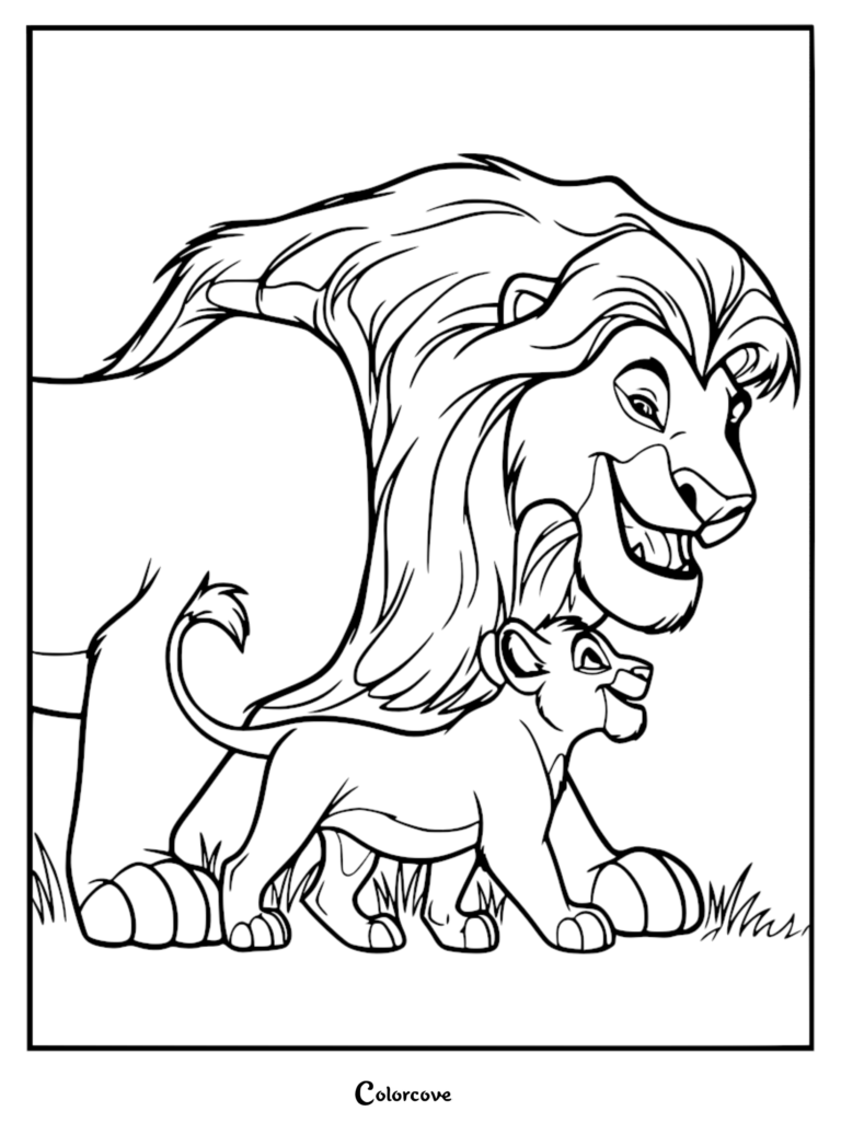 Mufasa standing protectively over young Simba in this printable Lion King coloring page.