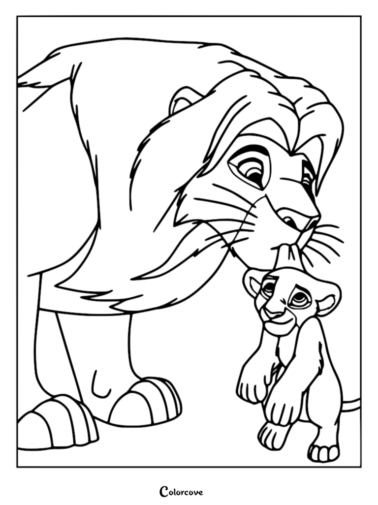 Mufasa gently nuzzling young Simba in this detailed Lion King coloring page.