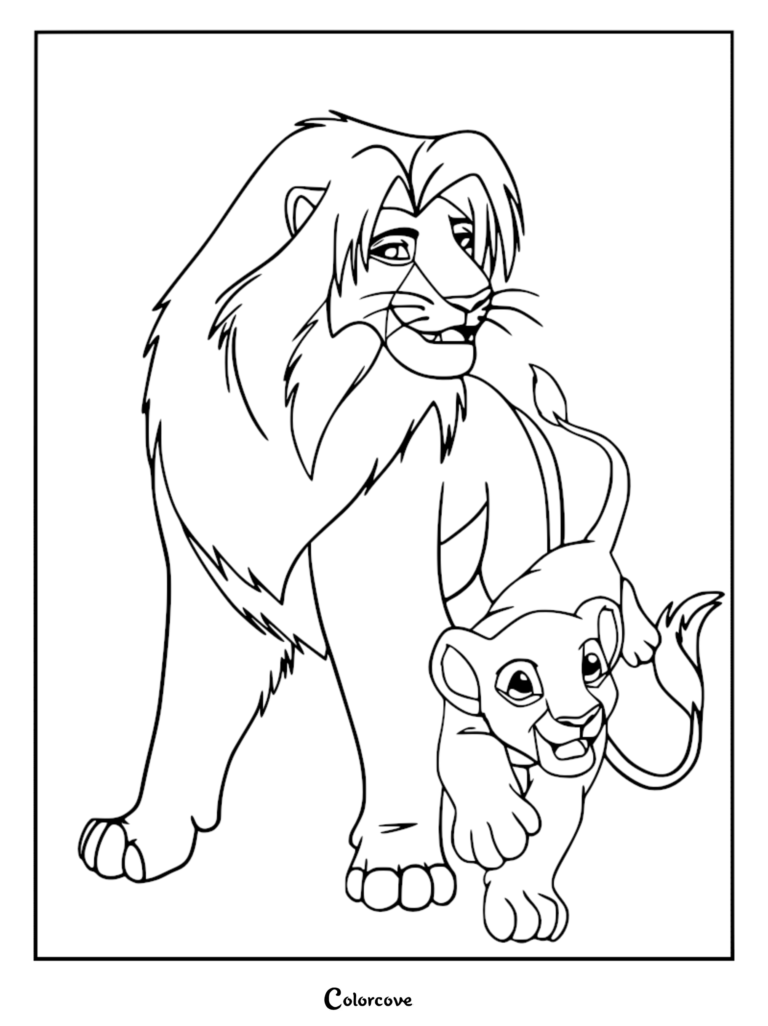 Mufasa standing protectively over young Simba in this detailed line art coloring page.