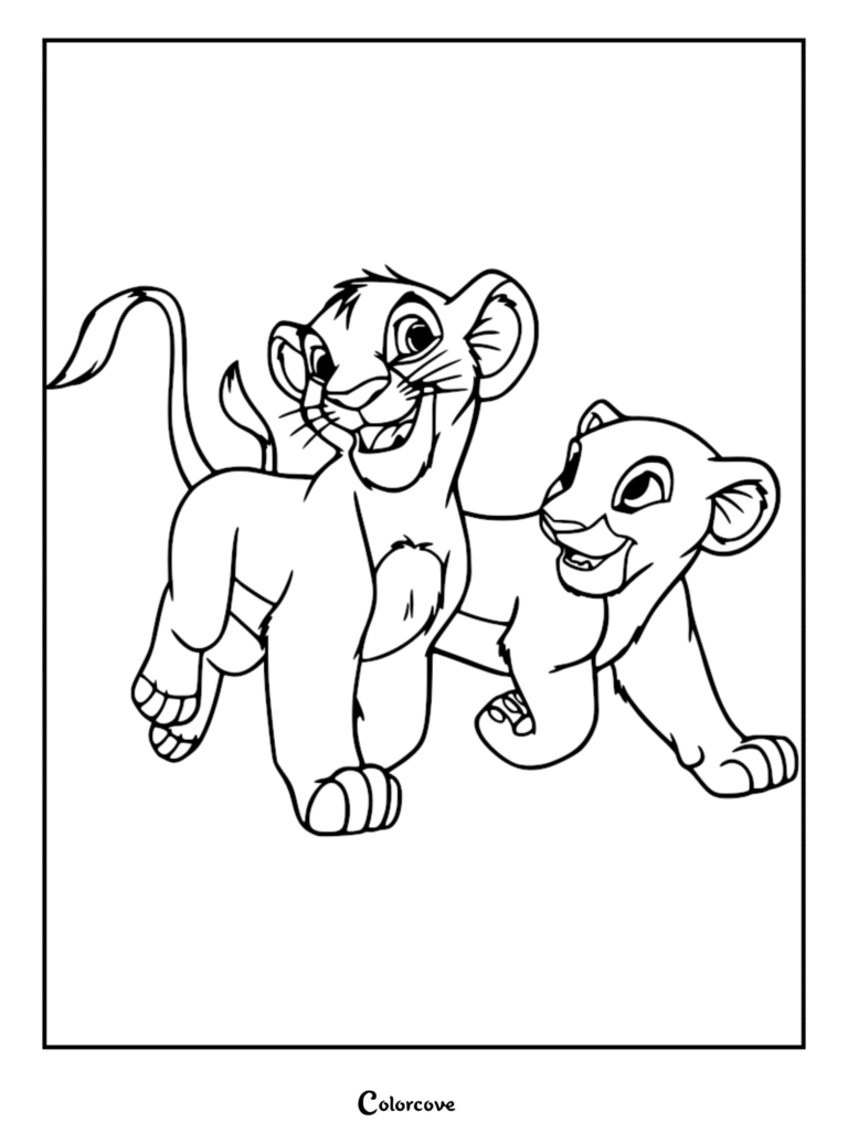 Simba and Nala as cubs walking together in this printable coloring page line art.