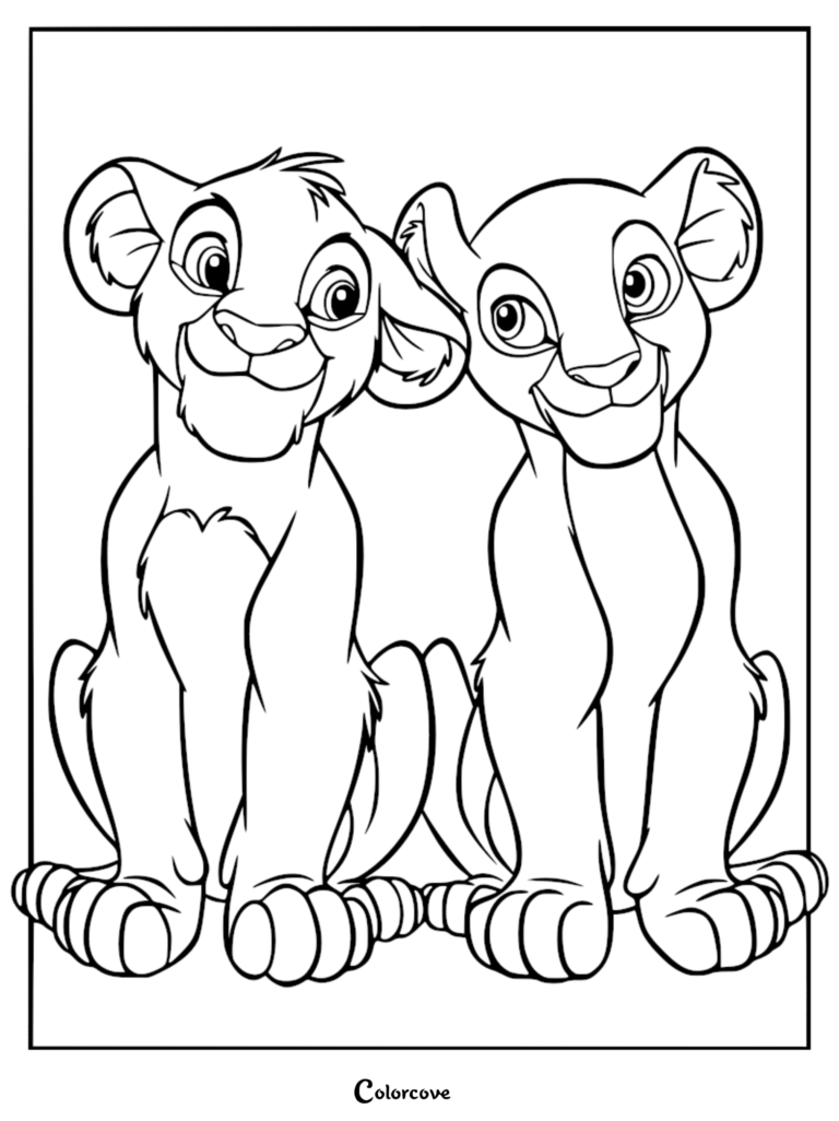 Simba and Nala as cubs sitting side by side in a printable coloring page
