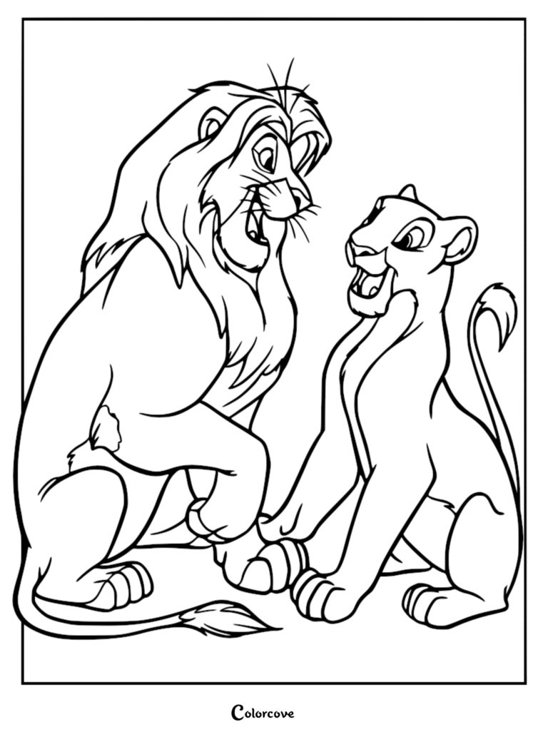 Adult Simba and Nala sitting together and talking in this printable coloring page.
