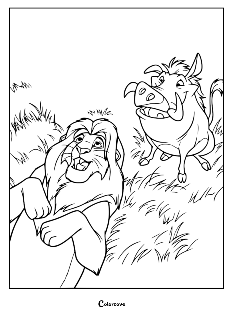 Simba and Pumbaa coloring page featuring adult Simba lying in the grass while Pumbaa stands nearby smiling.