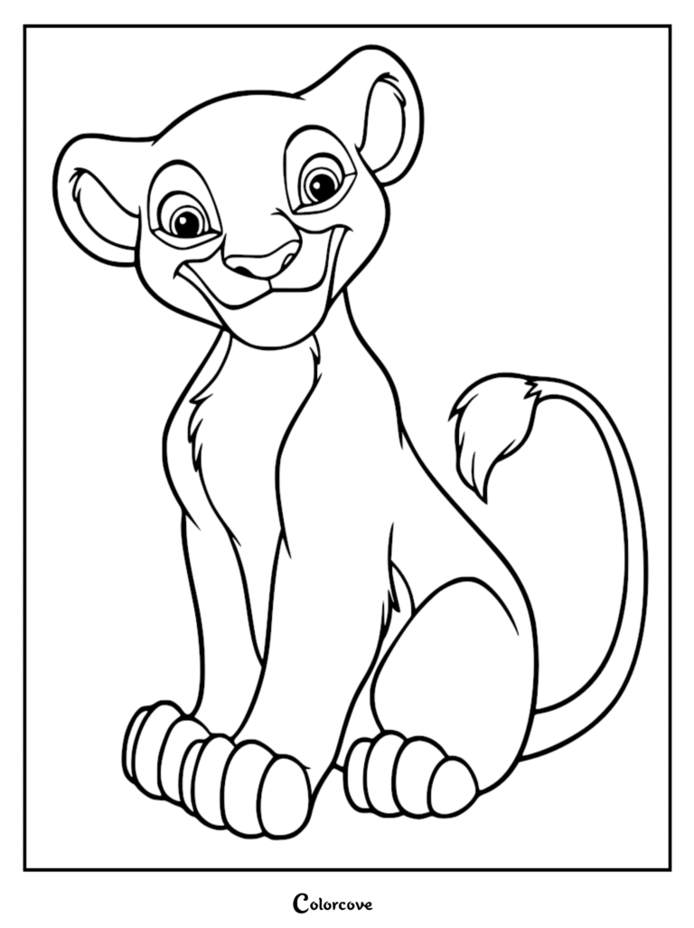 Kiara sitting and smiling in this printable Lion King coloring page