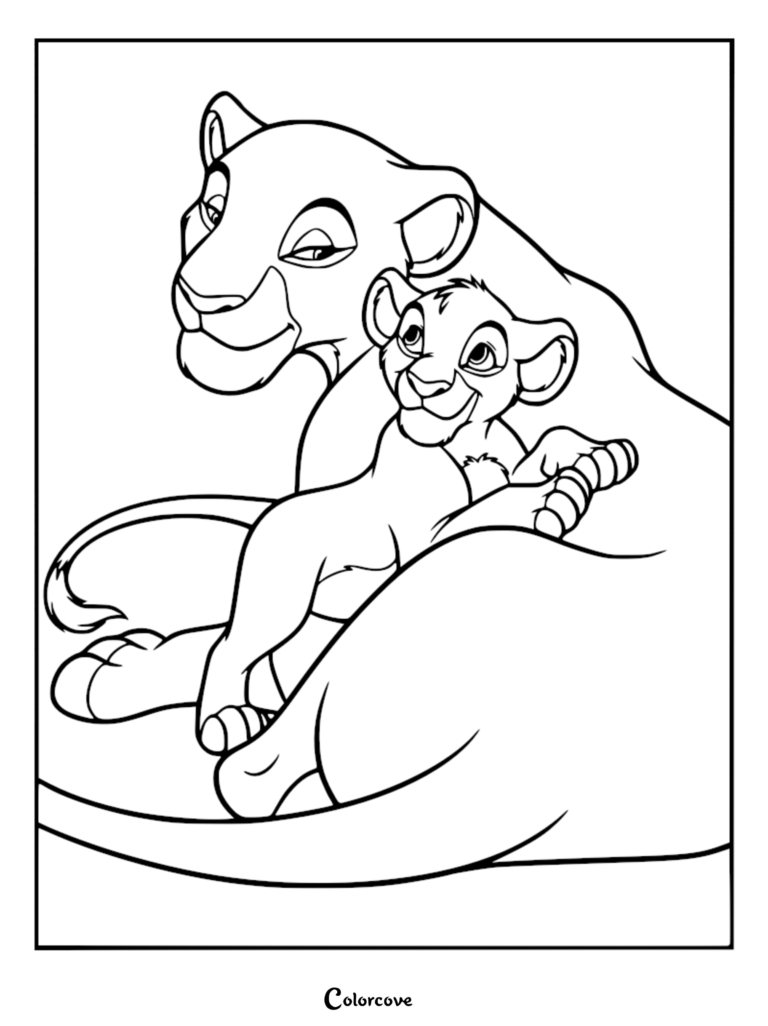 A printable coloring page featuring Sarabi cuddling her young cub Simba in a tender moment.