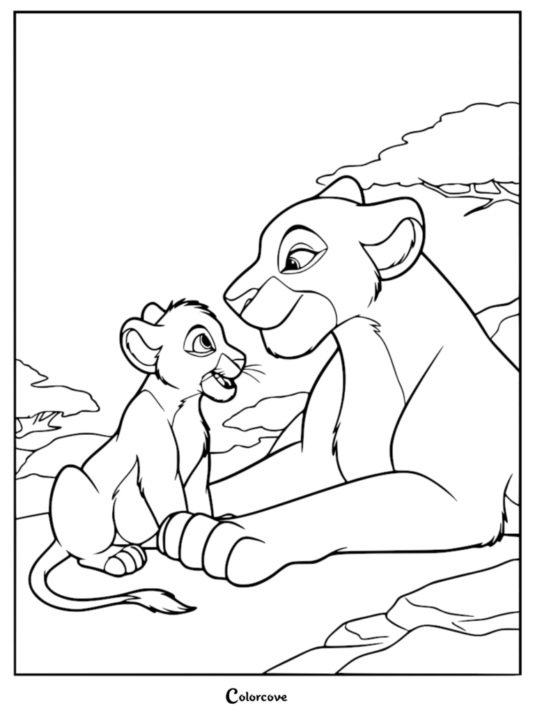 A printable coloring page featuring young Simba sitting and looking up at his mother Sarabi in the Pride Lands.