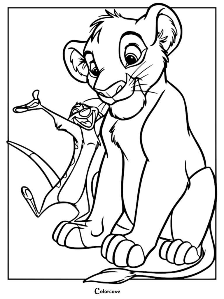 Simba sitting next to Timon who is gesturing with his hand in this printable coloring page.