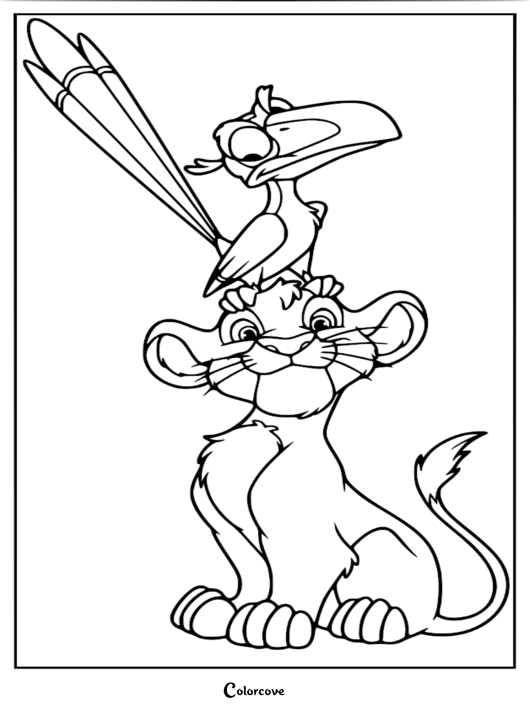 Simba the lion cub sitting with Zazu the hornbill perched on his head in this printable coloring page.