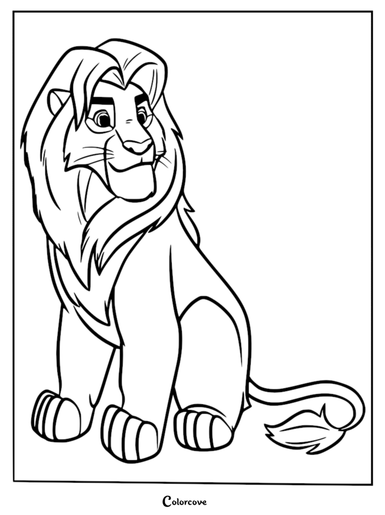 Simba as an adult lion sitting and looking over his shoulder in this printable coloring page.