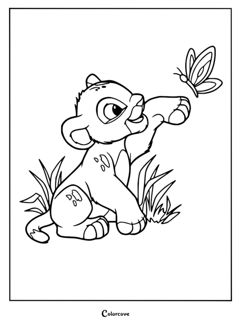 Simba reaching out to touch a butterfly in this printable coloring page