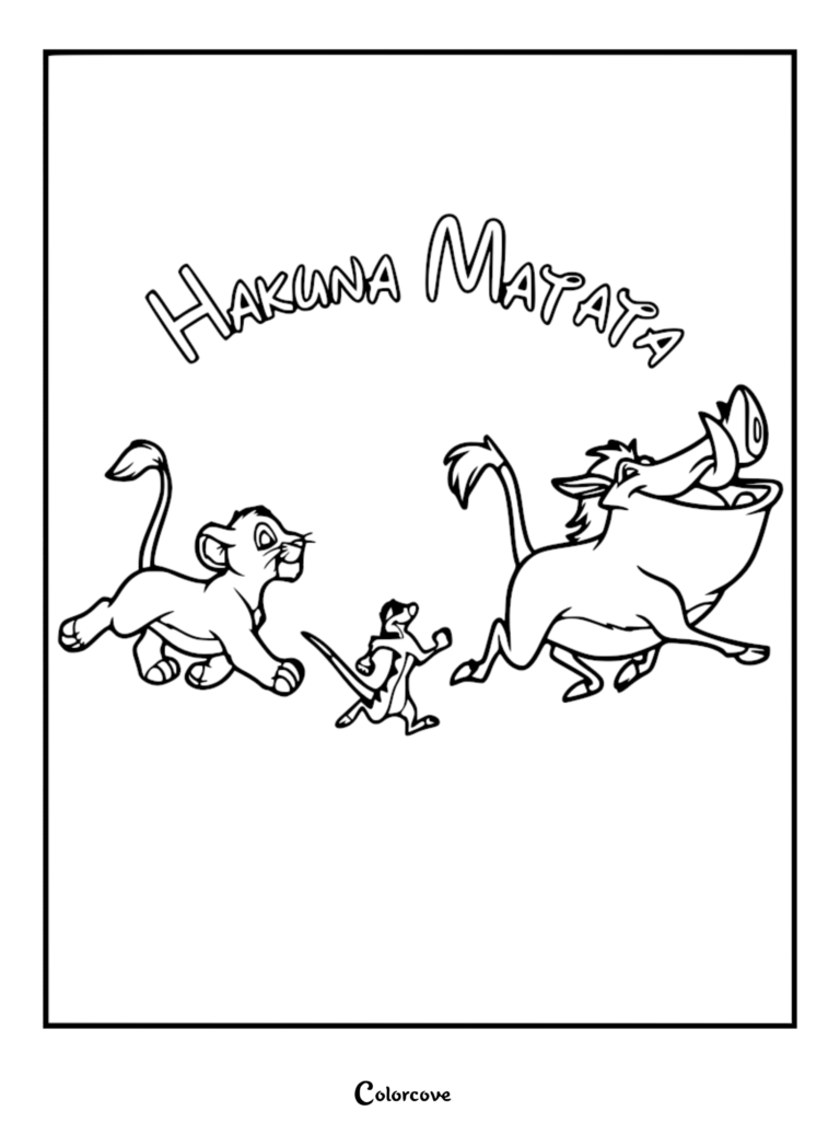 Simba, Timon, and Pumbaa running together under the Hakuna Matata text in this printable coloring page.