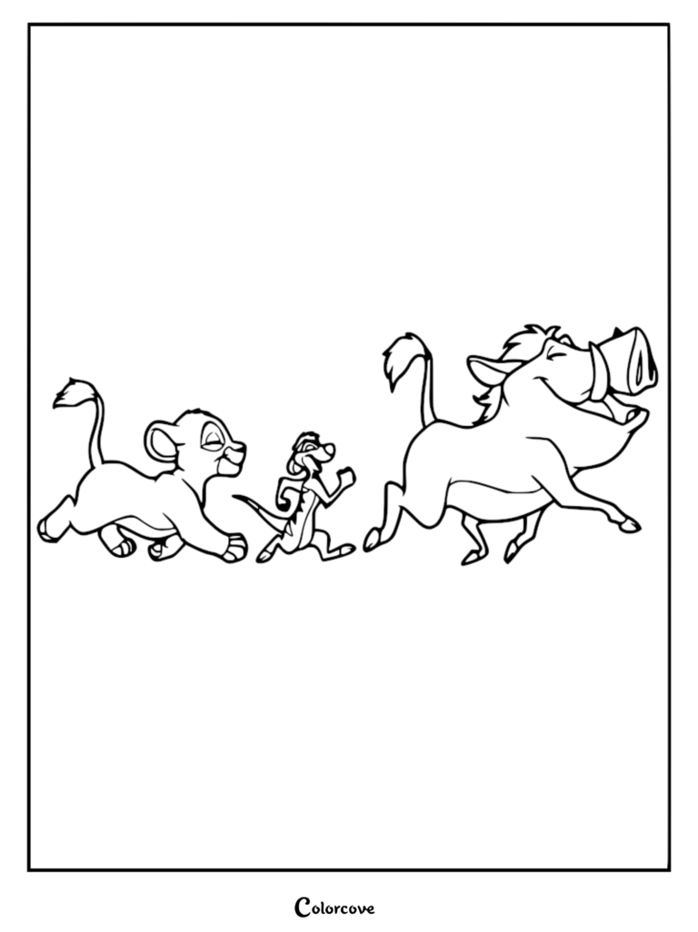 Simba, Timon, and Pumbaa running together in this printable coloring page.