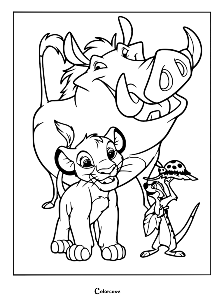 Simba, Timon, and Pumbaa coloring page featuring young Simba standing with Pumbaa and Timon holding a bug on a leaf