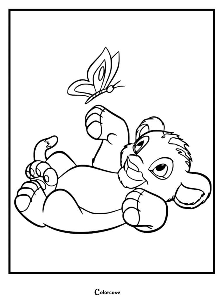 Simba lying on his back reaching for a butterfly in this printable coloring page.