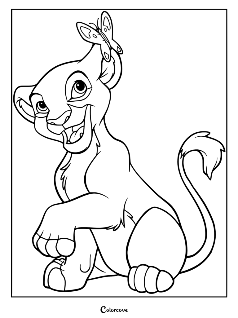 Kiara from The Lion King sitting and looking up at a butterfly perched on her ear in this printable coloring page.
