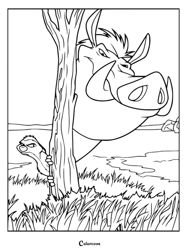 Timon and Pumbaa peeking from behind a tree in a savanna coloring page