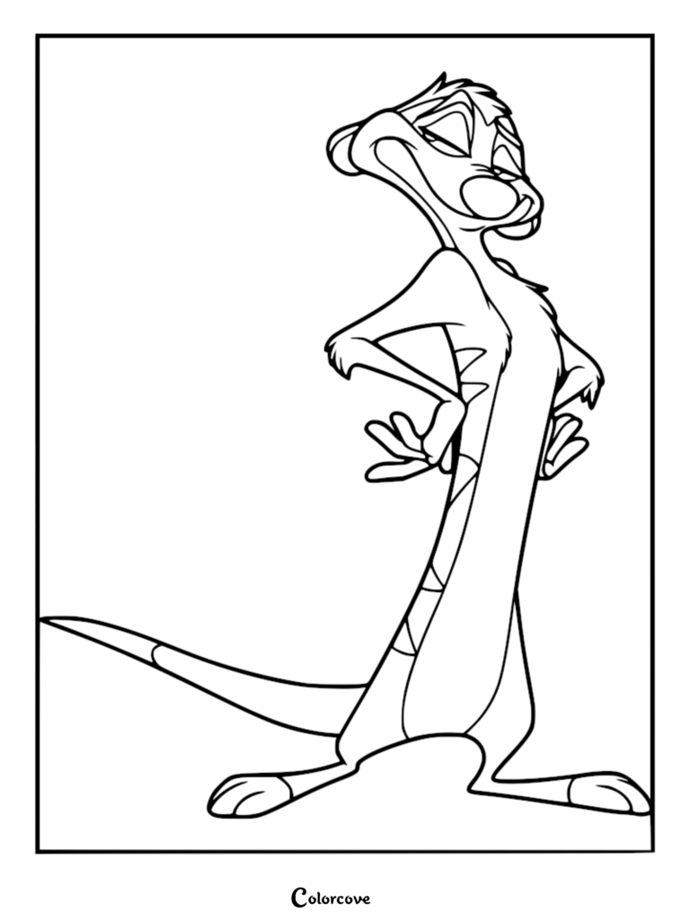 Timon from The Lion King standing with hands on hips in a confident pose, printable coloring page.
