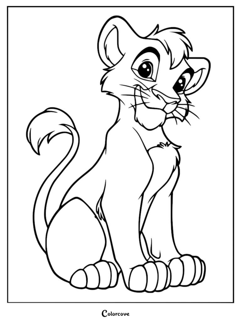 A printable coloring page featuring a young Kovu sitting and smiling.
