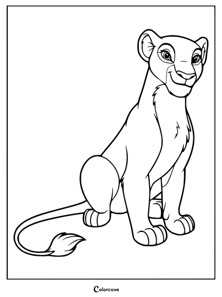 A detailed line art coloring page of Nala as an adult sitting gracefully and looking forward.