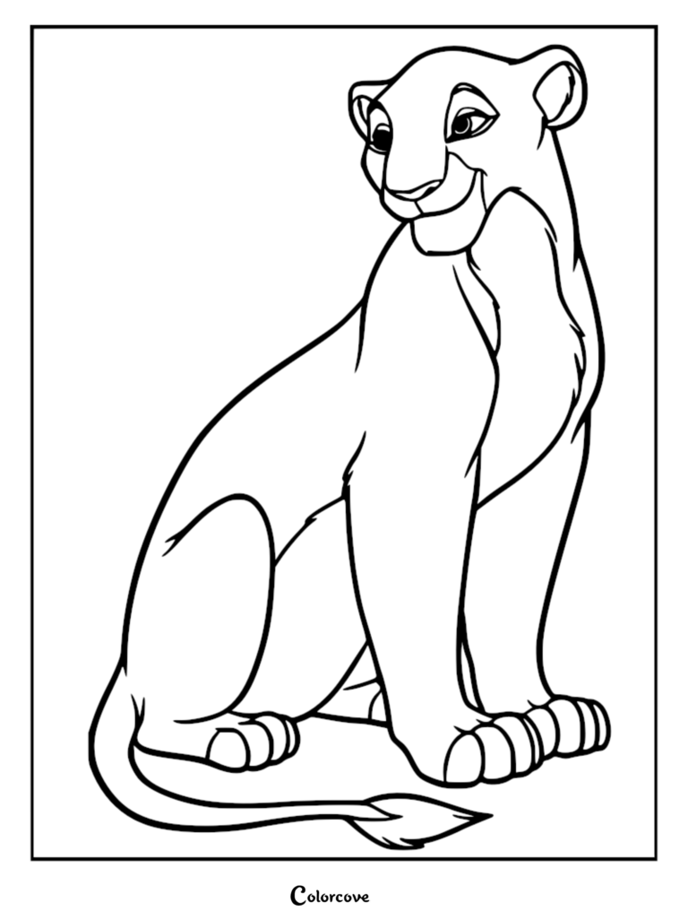 Nala sitting and looking over her shoulder in this printable coloring page