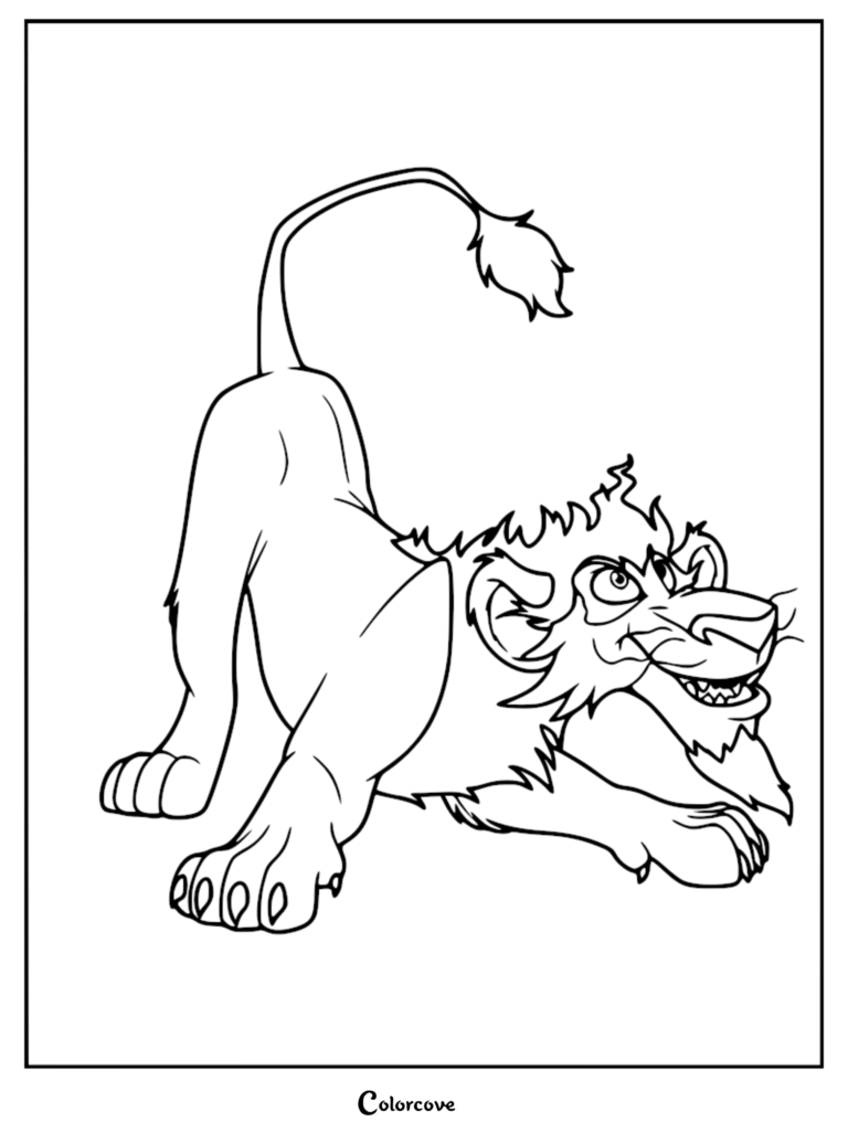 Nuka from The Lion King in a playful pouncing pose, printable coloring page.