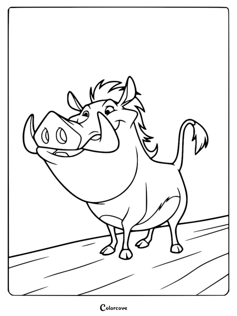Pumbaa standing and smiling in this printable Lion King coloring page.