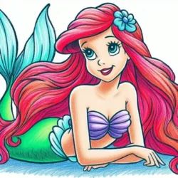 Mermaid coloring page with long red hair and green tail, wearing a purple seashell top, lying down with a flower in her hair.