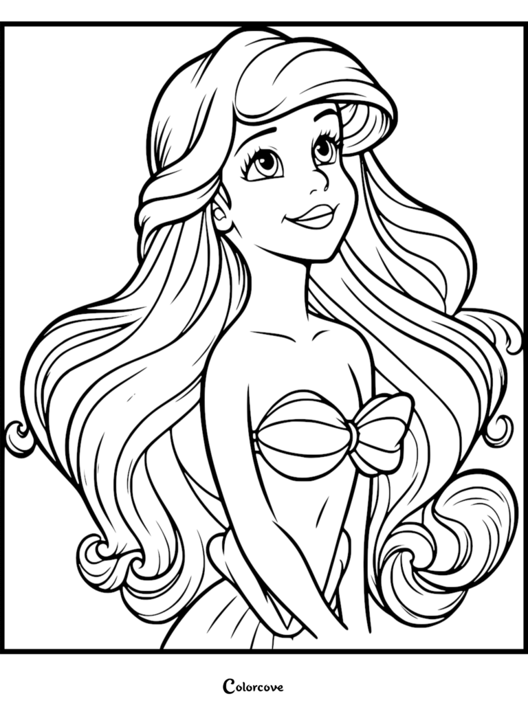 Ariel from The Little Mermaid with long flowing hair in a printable coloring page.