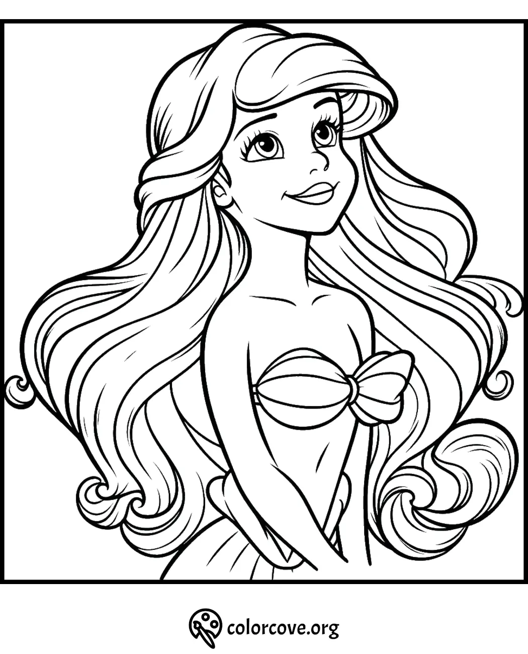 Mermaid princess coloring page with flowing hair and seashell top, perfect for kids to color and enjoy.