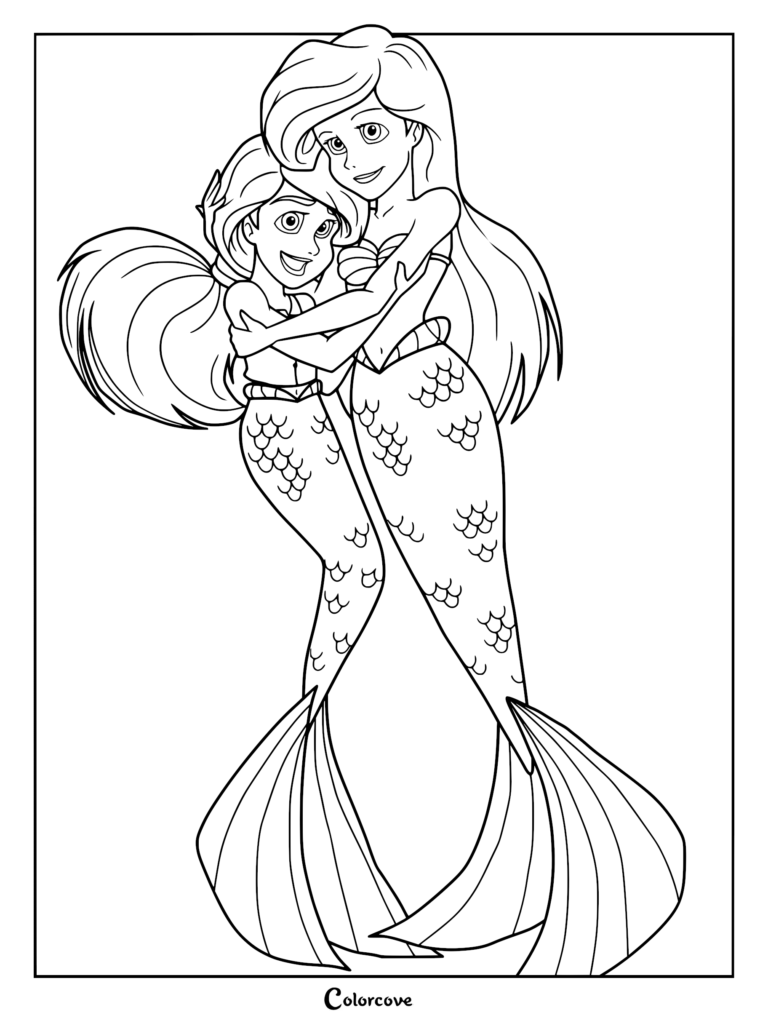 Ariel and her daughter Melody sharing a warm hug in this printable coloring page featuring the two mermaids.