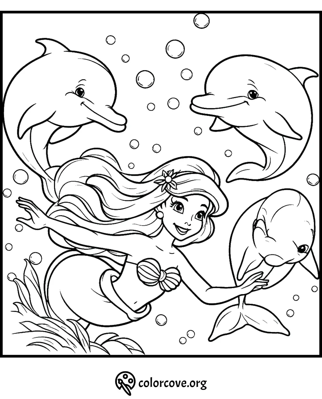 Mermaid swimming with dolphins coloring page, perfect for kids' creative fun and ocean-themed activities.