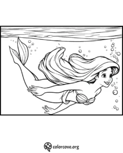 Mermaid coloring page for kids. Printable underwater scene with a joyful mermaid swimming, perfect for creative fun.