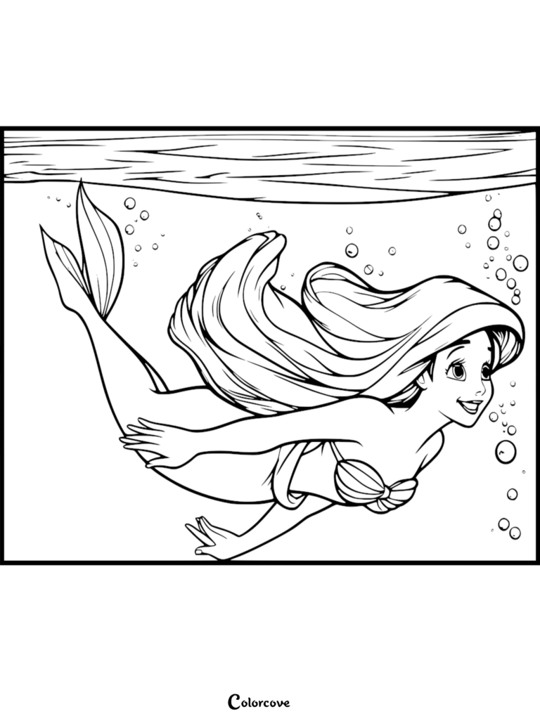Ariel swimming gracefully underwater in this detailed printable coloring page featuring flowing hair and bubbles.