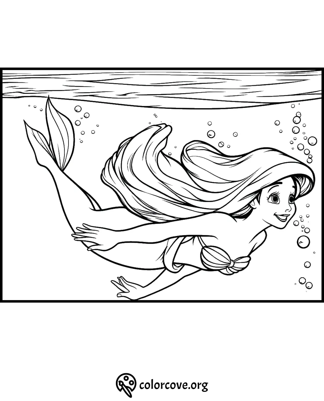 Mermaid coloring page for kids. Printable underwater scene with a joyful mermaid swimming, perfect for creative fun.