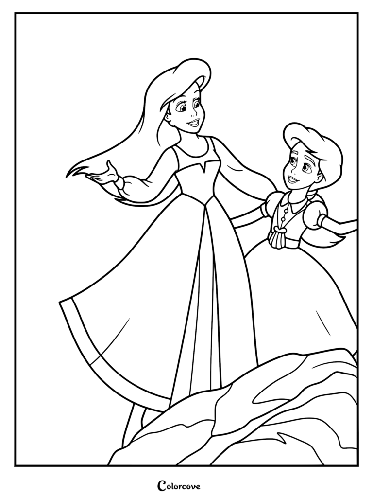 Ariel and Melody standing together in elegant dresses in this printable coloring page.